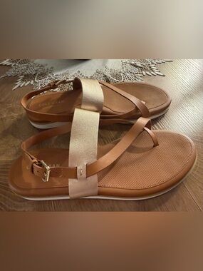 Women’s Cole Haan Tan and Metallic Silver Leather Strappy Sandals w/ Buckle 9B